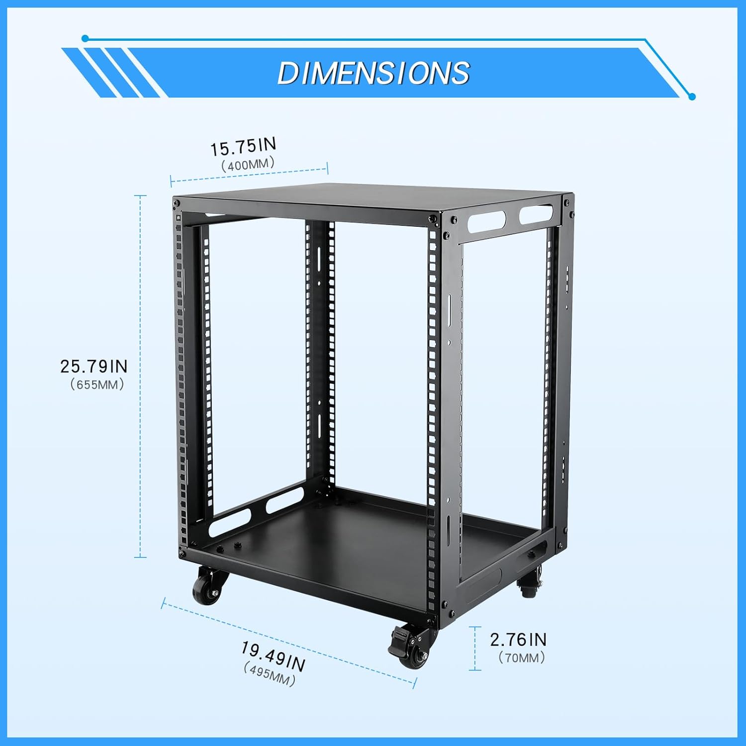 12U Open Frame Server Rack with Wheels 4 Post Mobile Stand