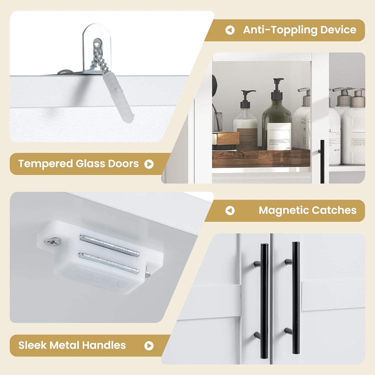 Tall Storage Cabinet White Glass Door Hook Shelf Unit