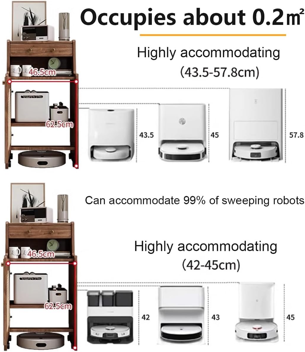 Robot Vacuum Storage Cabinet with Wheels Rattan Door Drawer Organizer