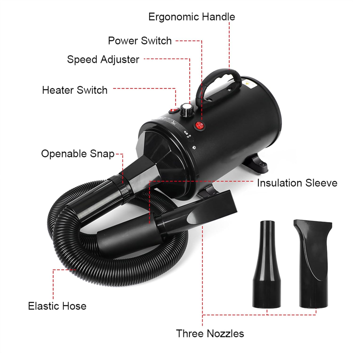 Dog Hair Dryer 2800W Pet Grooming Blaster Low Noise 4 Nozzle