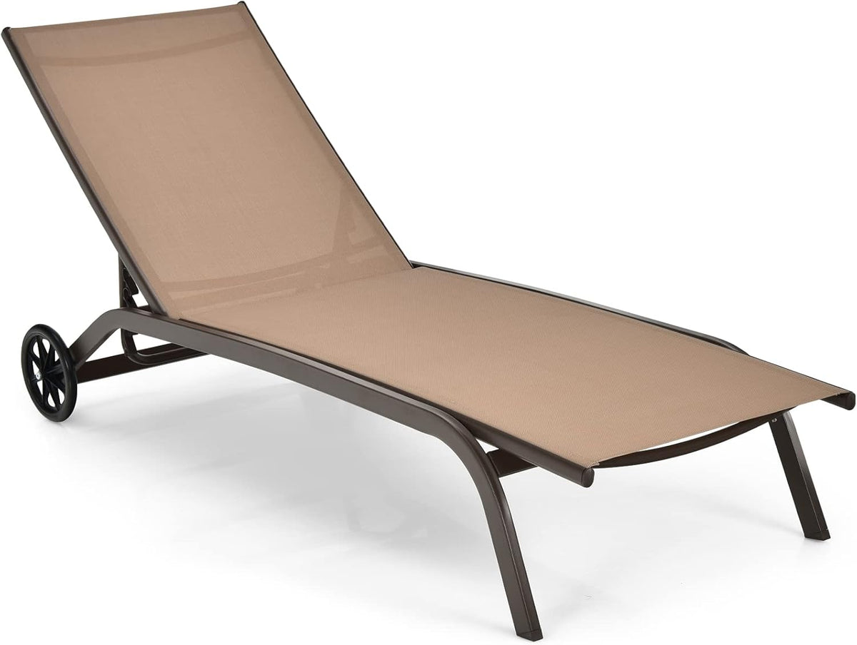 Portable Outdoor Chaise Lounge Chair with Wheels 6 Position Brown