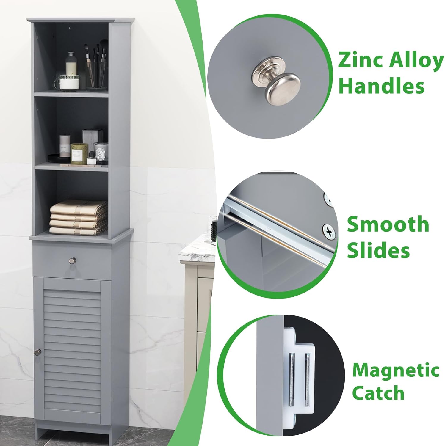 Slim Bathroom Tall Cabinet Drawer Shelf Cupboard Grey