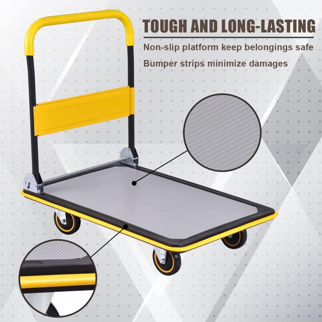 Folding Push Cart Dolly 300KG Flatbed Trolley Yellow