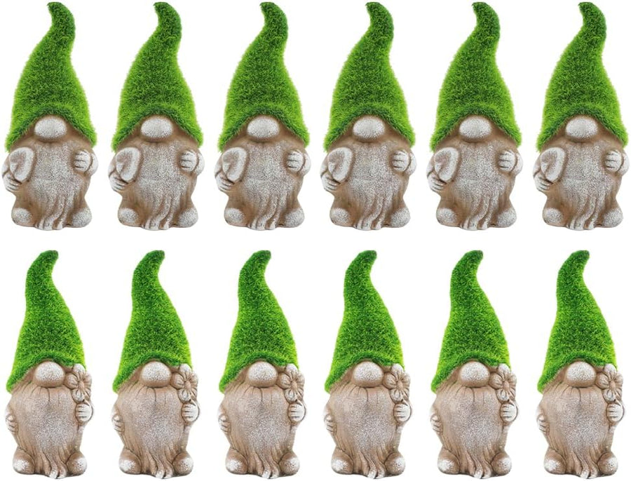 Set of 12 Garden Gnome Ornaments 7in Ceramic Stone Effect Flocked Hat