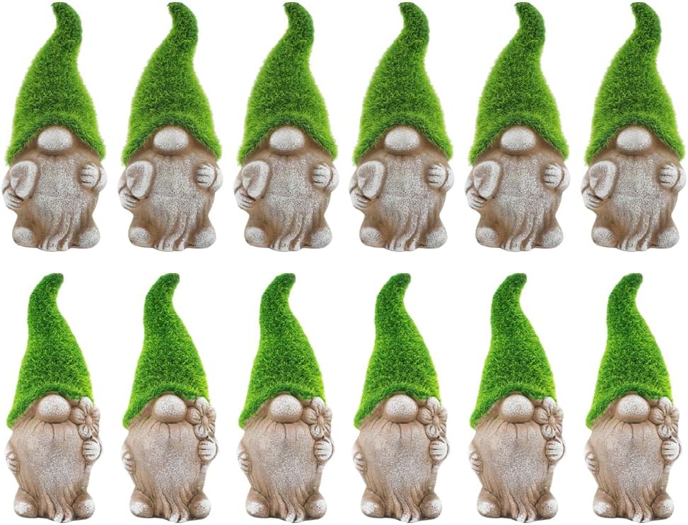 Set of 12 Garden Gnome Ornaments 7in Ceramic Stone Effect Flocked Hat