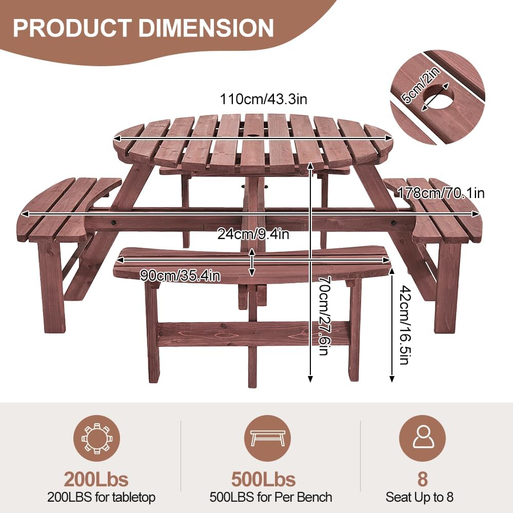 8 Seater Wooden Picnic Table Round Garden Dining Set Parasol Hole