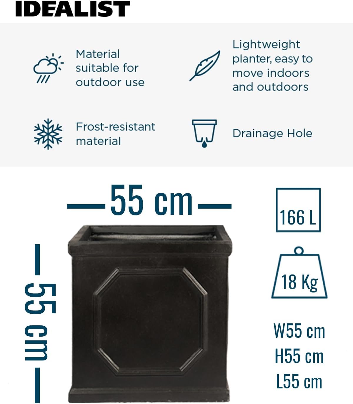 55cm Large Square Planter Dark Grey Faux Lead Tree Pot