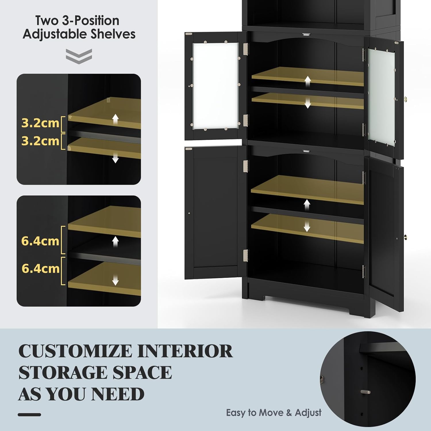 Tall Storage Cabinet Glass Door 6 Tier Shelf Unit Black