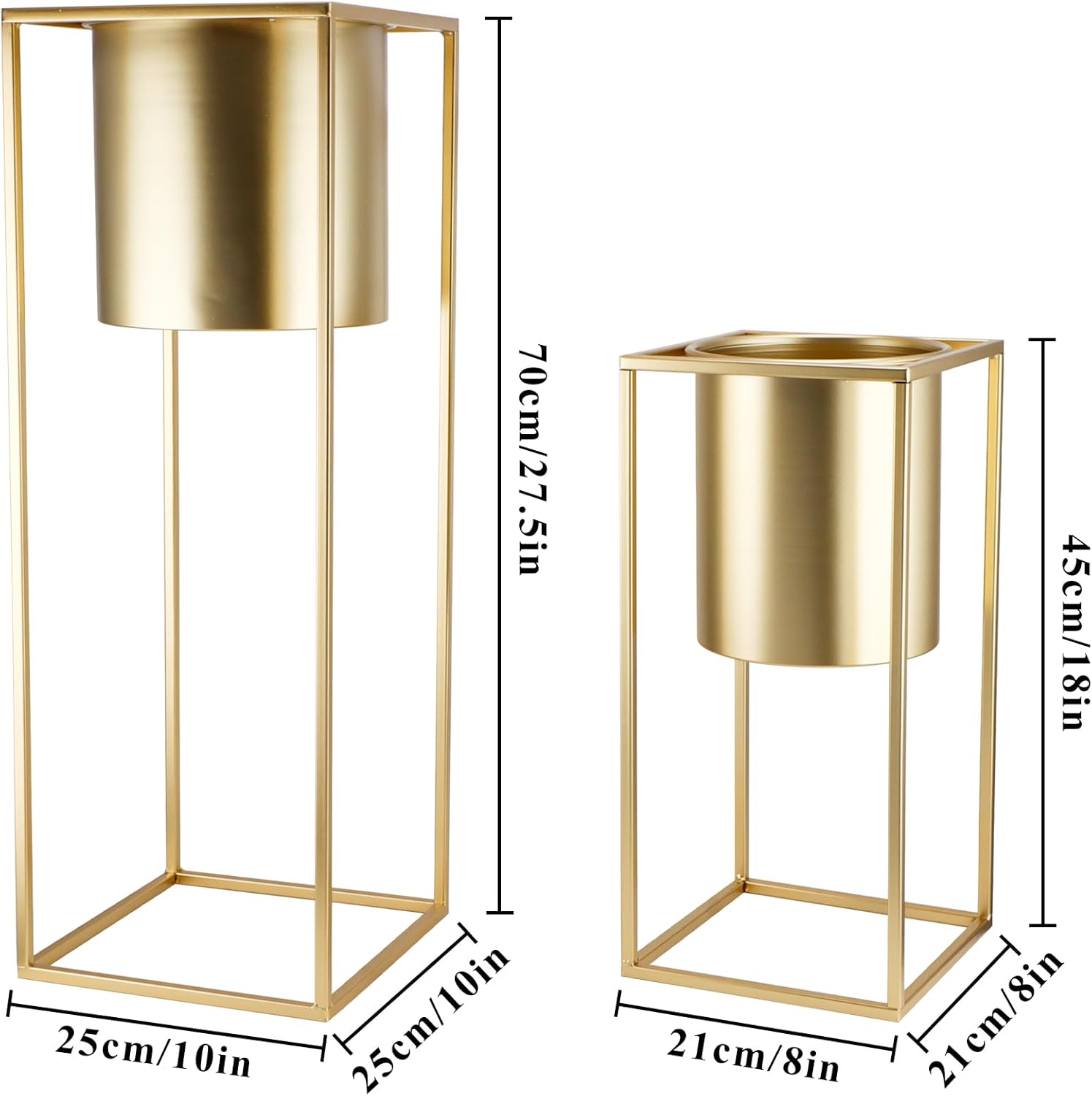 Gold Metal Planters with Stand Set of 2 Tall Pots 70cm 45cm