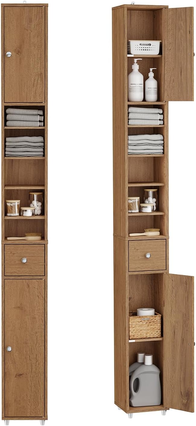 Slim Tall Bathroom Cabinet 20cm Dark Wood Drawer 180cm