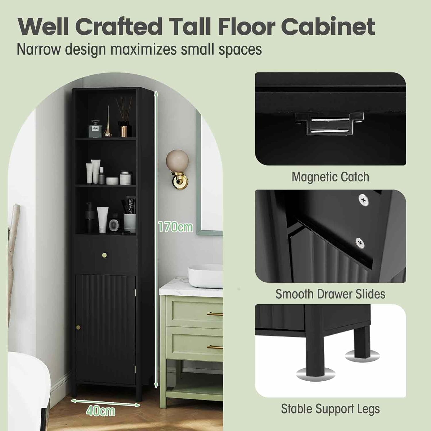 Tall Bathroom Storage Cabinet Black Fluted Door Drawer 170cm