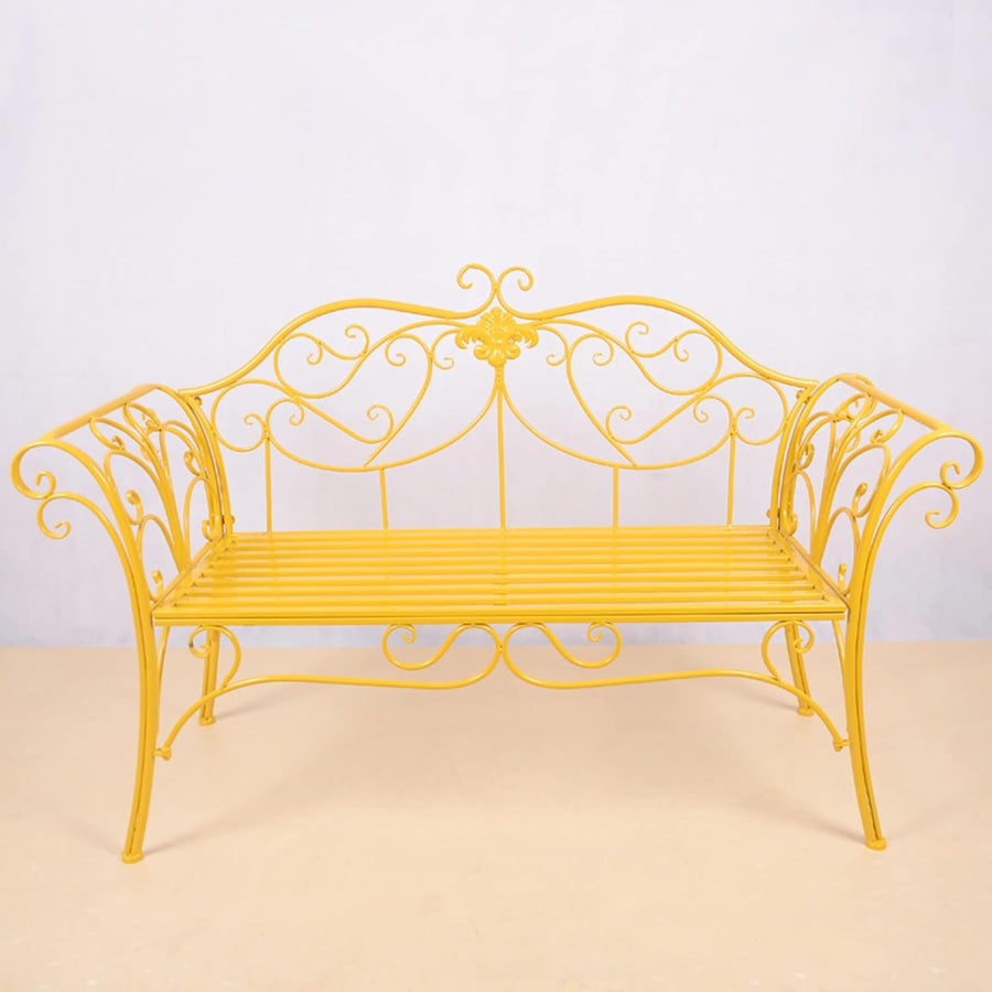 2 Seater Metal Garden Bench Retro Patio Seat Curved Back Yellow