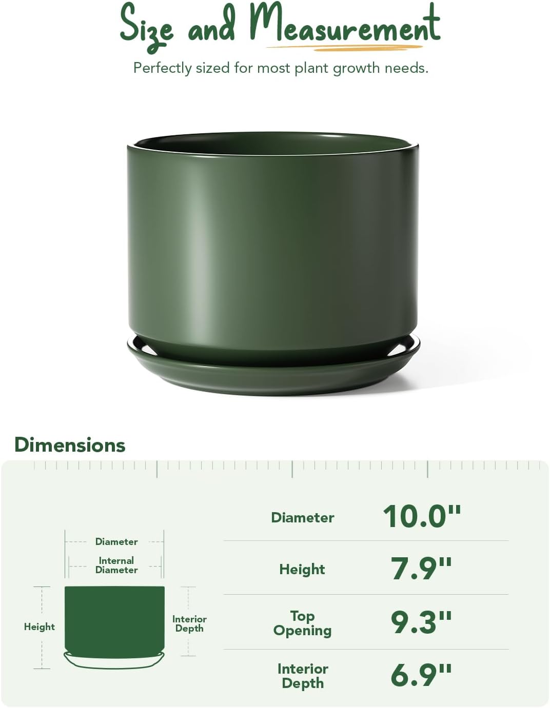 25cm Modern Green Ceramic Plant Pot with Saucer
