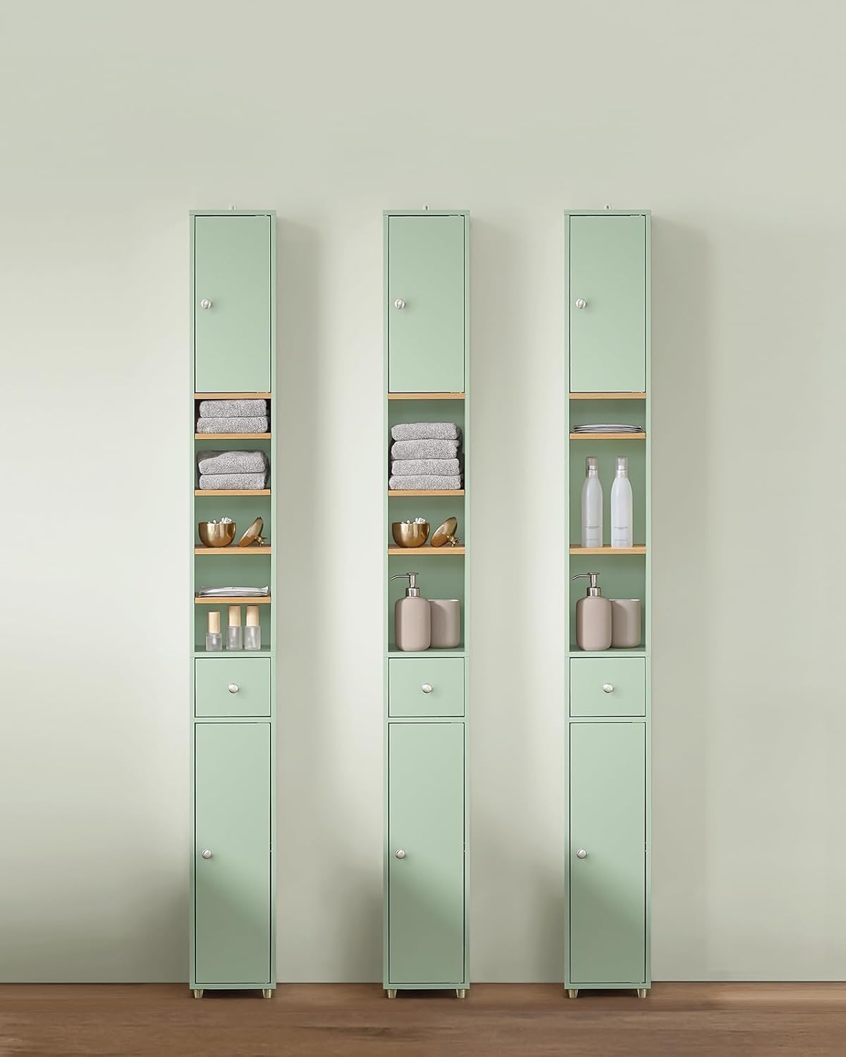 Slim Tall Bathroom Cabinet Light Green Drawer 180cm