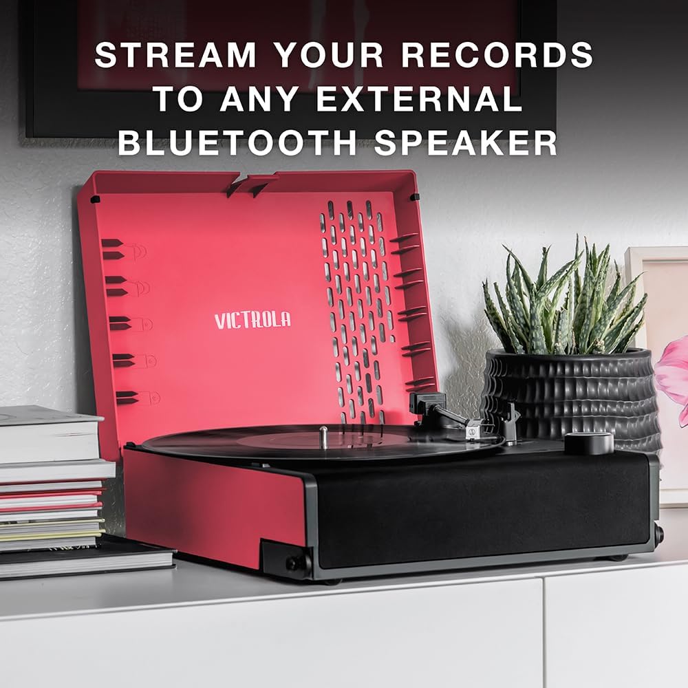 Pink Portable Bluetooth Record Player Rechargeable