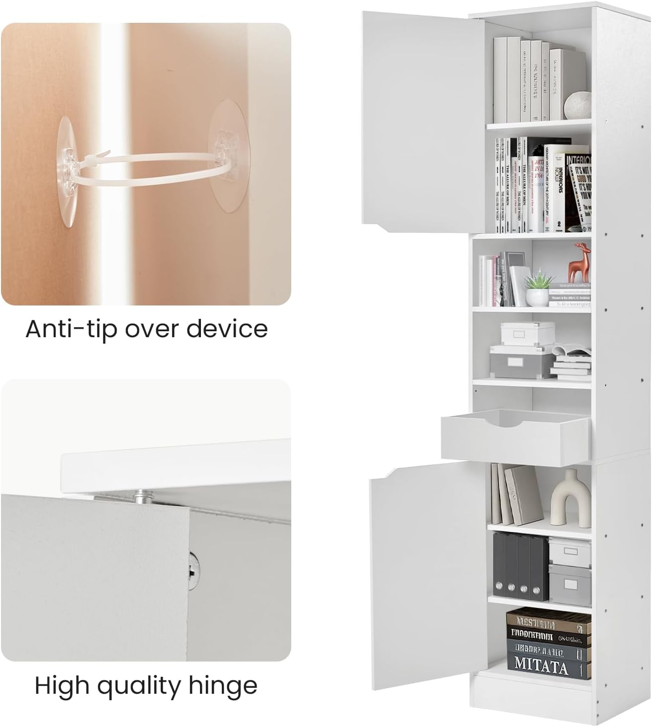 Tall Bathroom Cabinet White 8 Shelf 2 Door Storage Unit