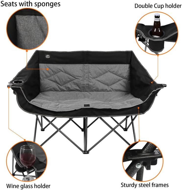 Black Double Folding Loveseat Camping Chair for 2