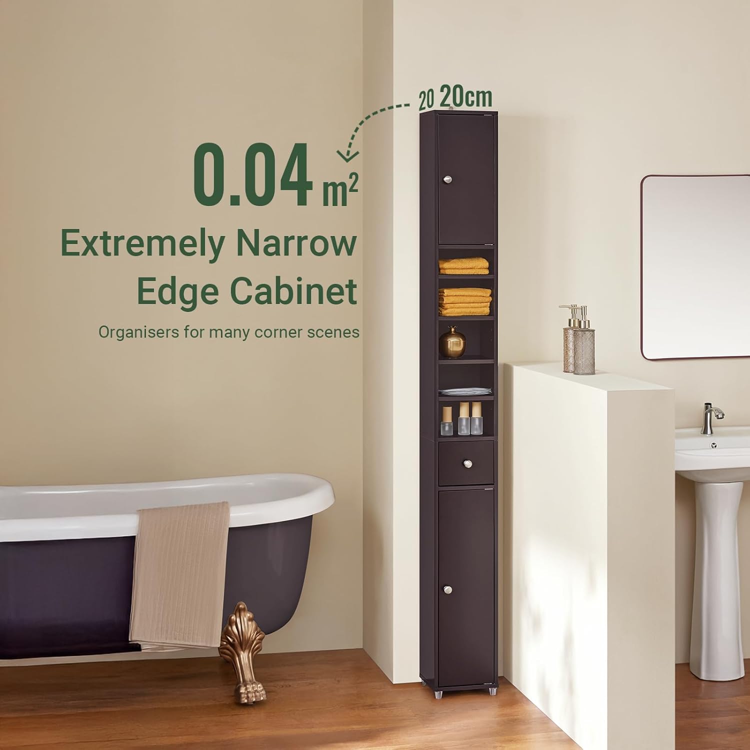Slim Tall Bathroom Cabinet Brown Drawer Shelves 180cm 20cm