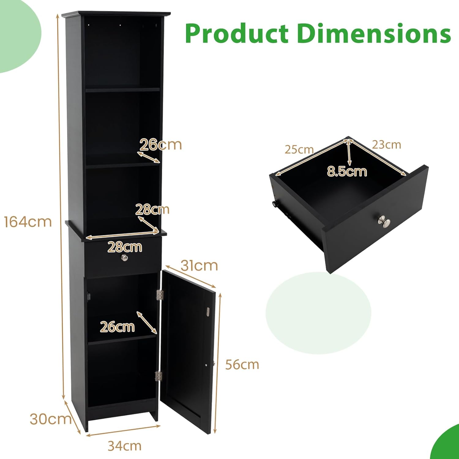Slim Bathroom Tall Cabinet Drawer Shelf Cupboard Black