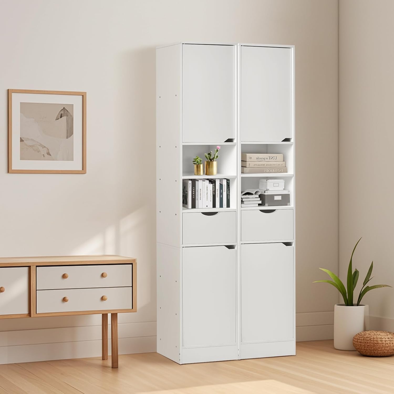 Tall Bathroom Cabinet White 8 Shelf 2 Door Storage Unit