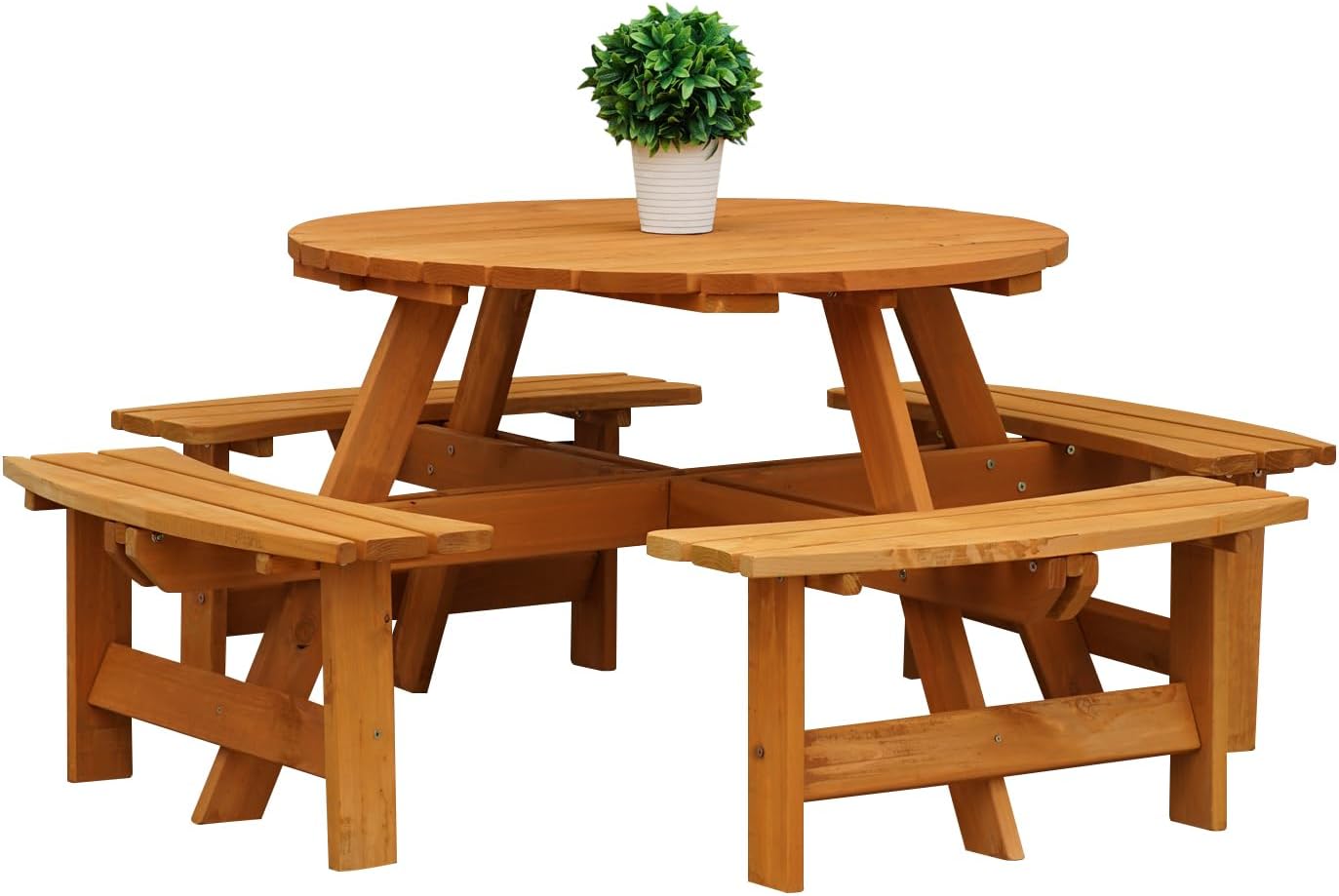 8 Seater Round Wooden Picnic Table with Benches Parasol Hole