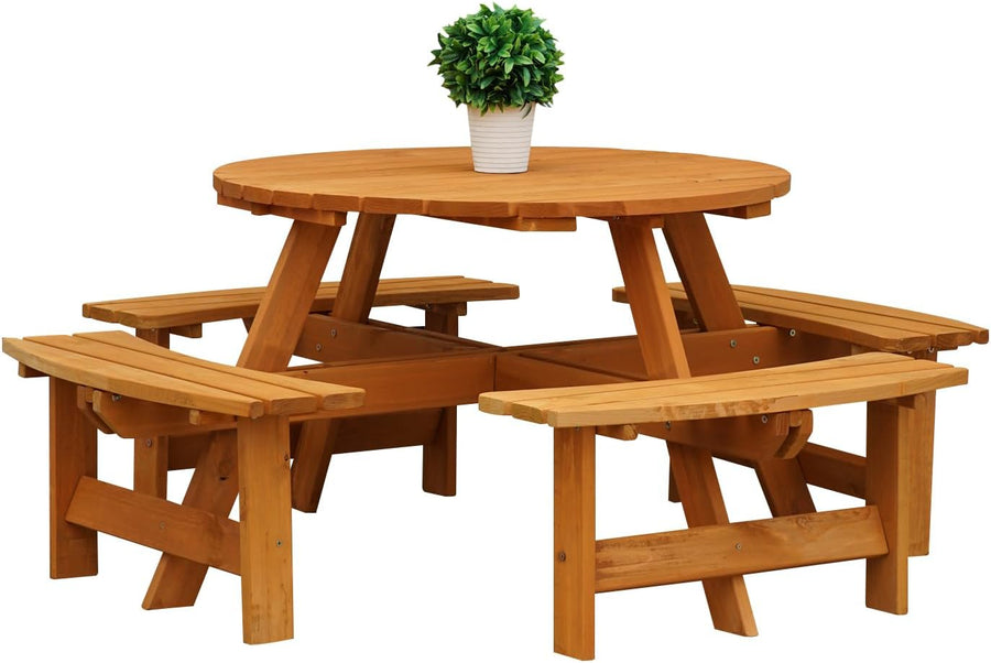 8 Seater Round Wooden Picnic Table with Benches Parasol Hole