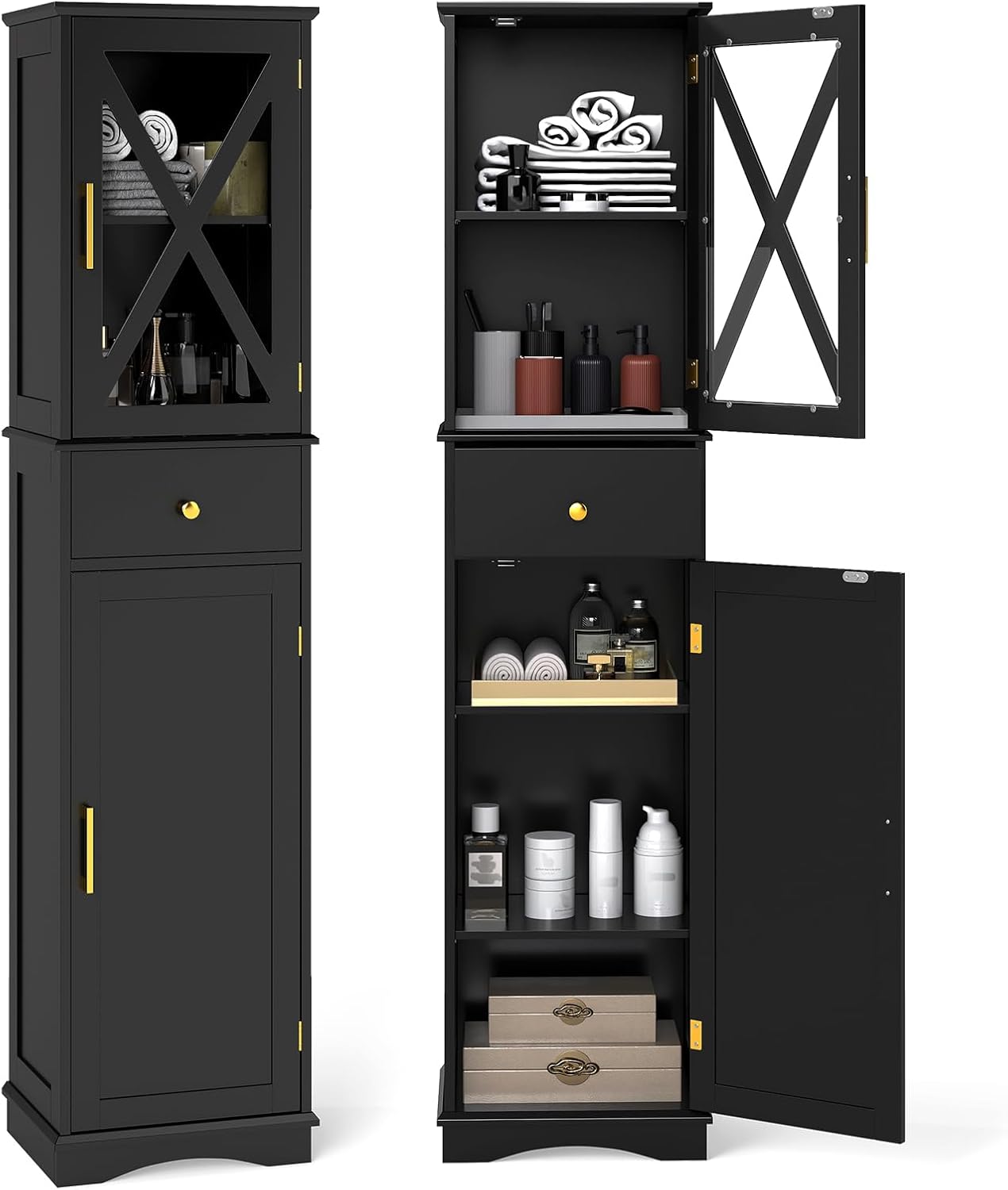 Tall Slim Storage Cabinet Black Glass Door Drawer Unit
