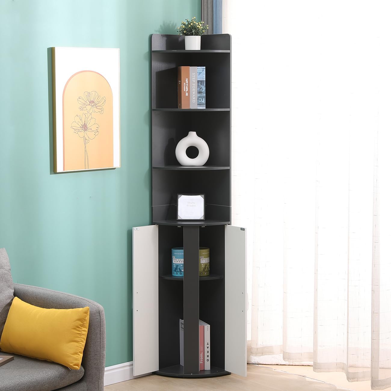 Corner Tall Bathroom Cabinet Black White Shelves Door Unit