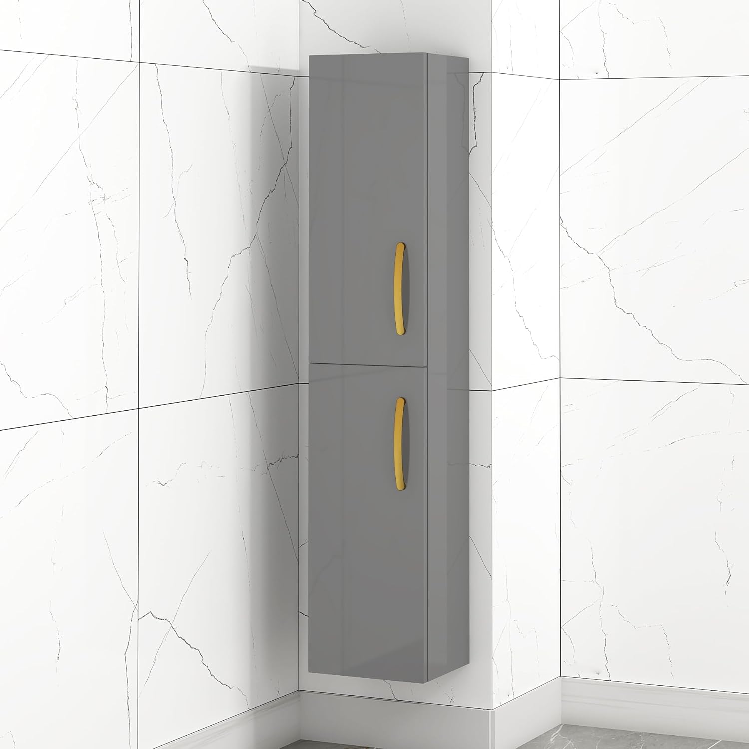 Grey Gloss Wall Hung Tall Bathroom Cabinet Gold Handle