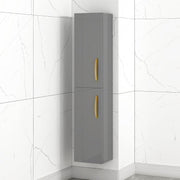 Grey Gloss Wall Hung Tall Bathroom Cabinet Gold Handle