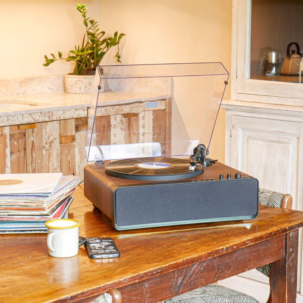 Walnut Record Player With 30W Speakers Bluetooth