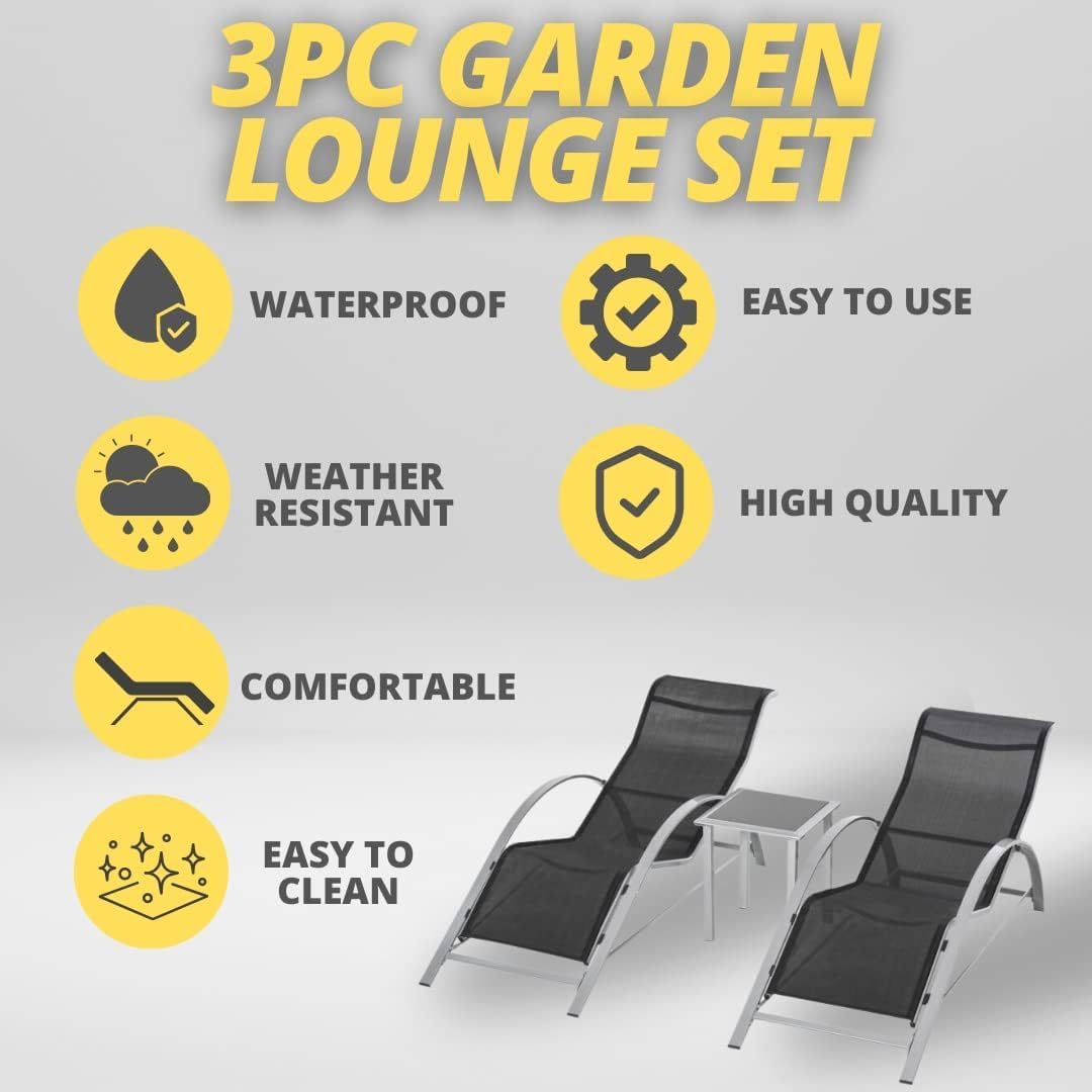 3 Piece Garden Sun Lounger Set Recliners Side Table Black