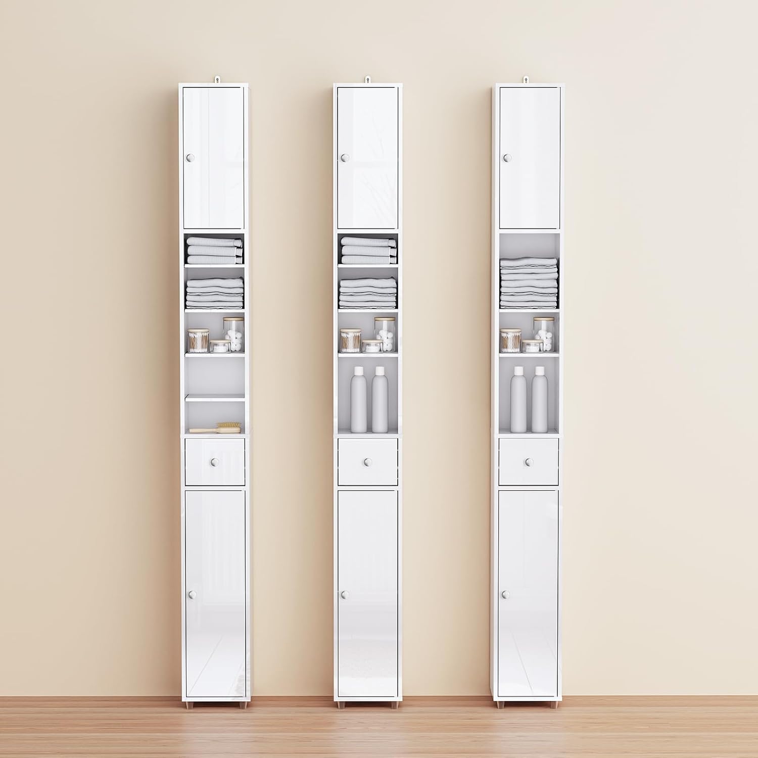 Slim Tall Bathroom Cabinet Gloss White 6 Shelves 180cm
