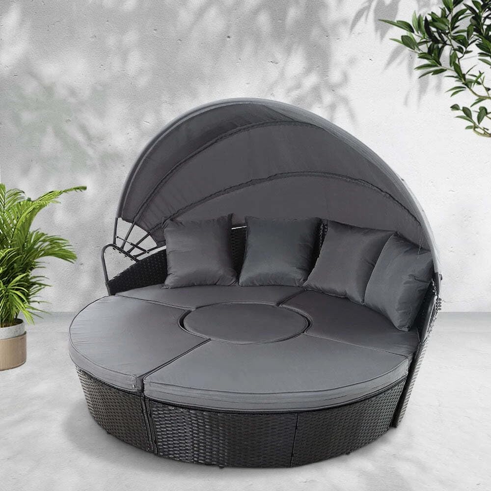Outdoor Rattan Day Bed Set Canopy Coffee Table Black