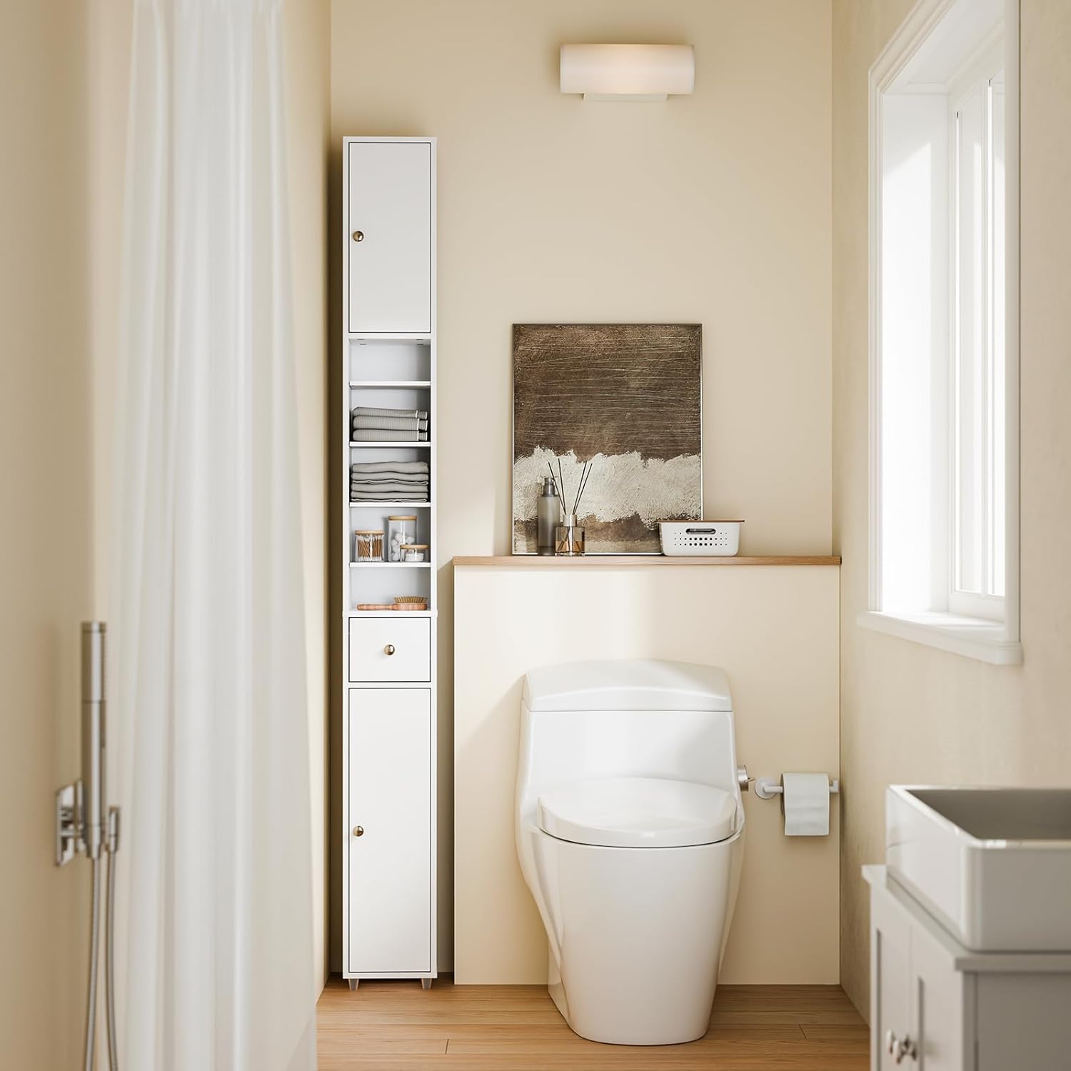 Tall Slim Bathroom Storage Cabinet 20cm Wide Drawer White 180cm
