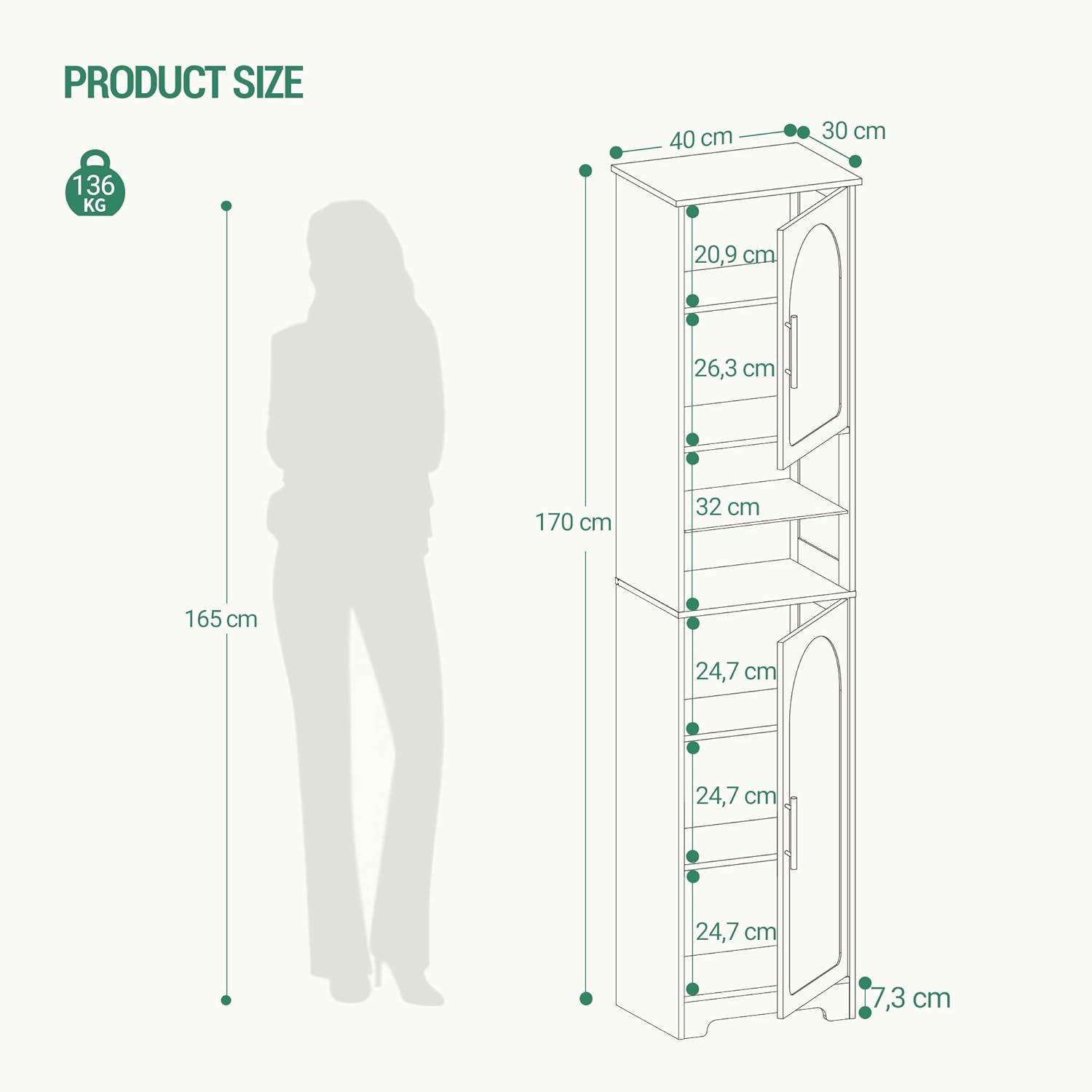 LED Tall Bathroom Storage Cabinet 2 Door Black 170cm