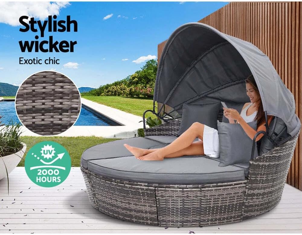 Outdoor Rattan Day Bed Chair Set Canopy Coffee Table Grey