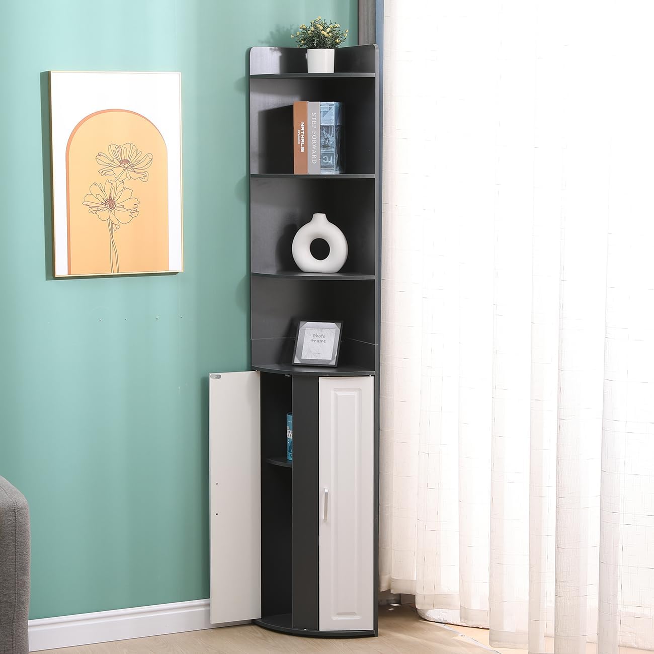 Corner Tall Bathroom Cabinet Black White Shelves Door Unit