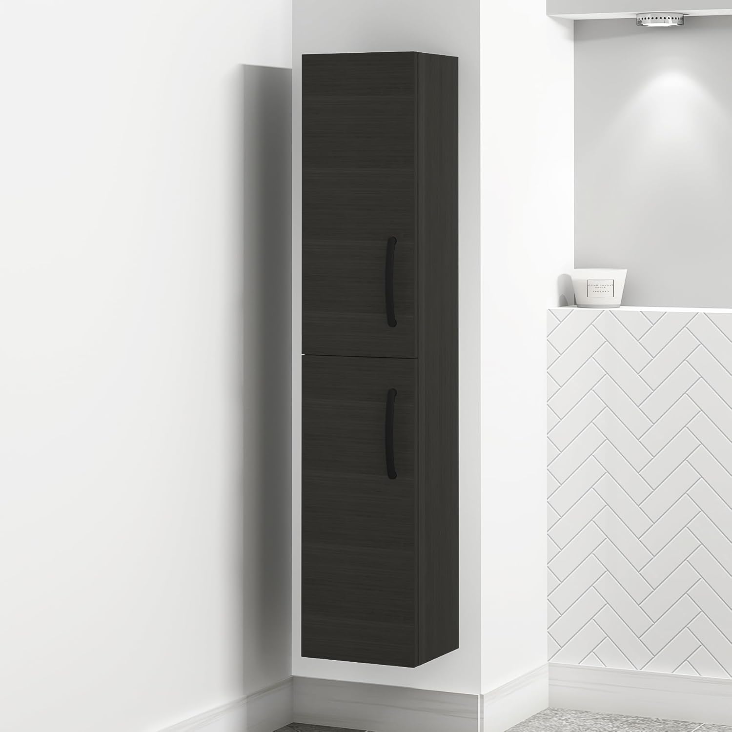 Matte Black Wall Hung Tall Bathroom Cabinet 2 Door Unit