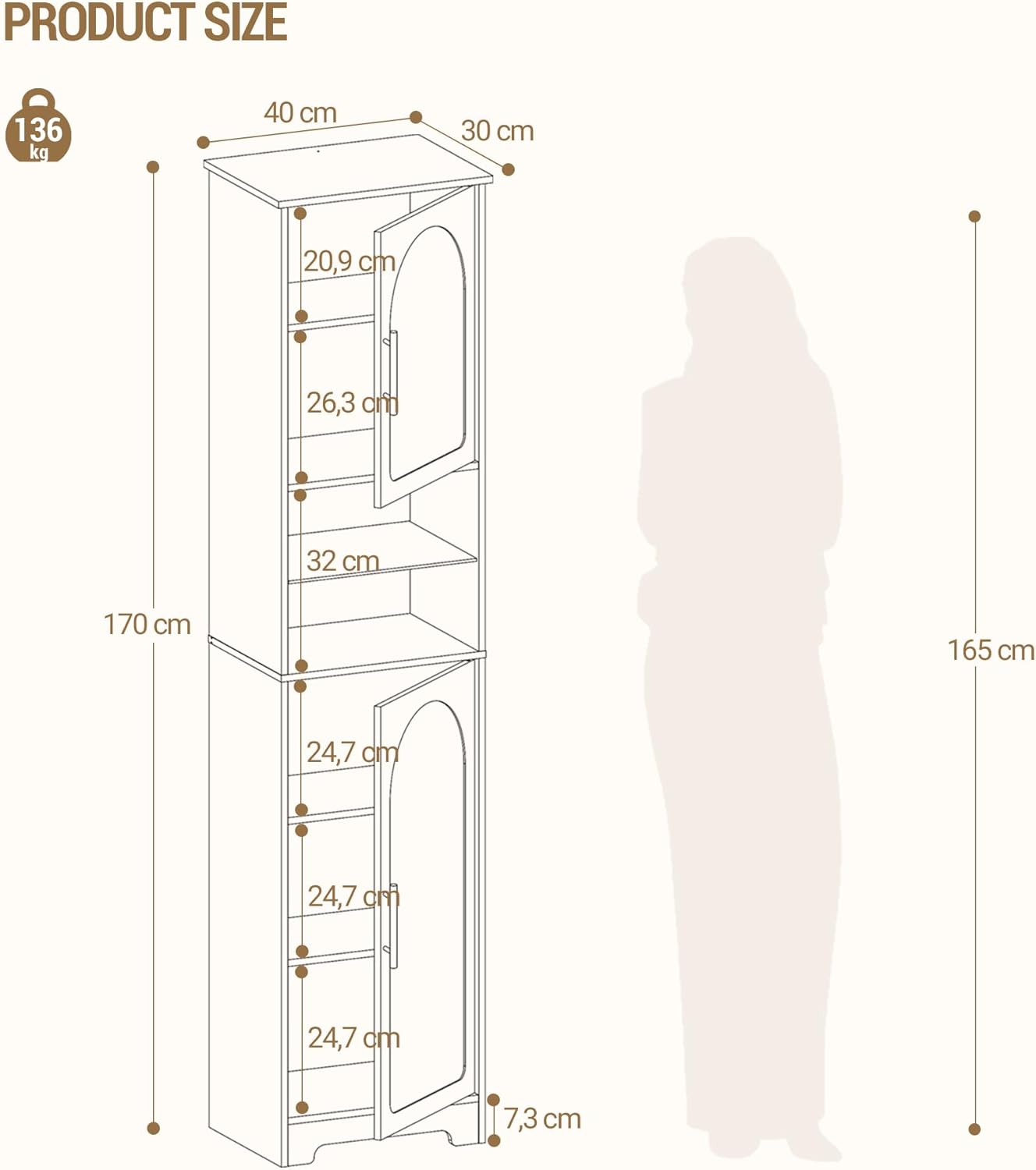 LED Tall Bathroom Storage Cabinet 2 Door White 170cm