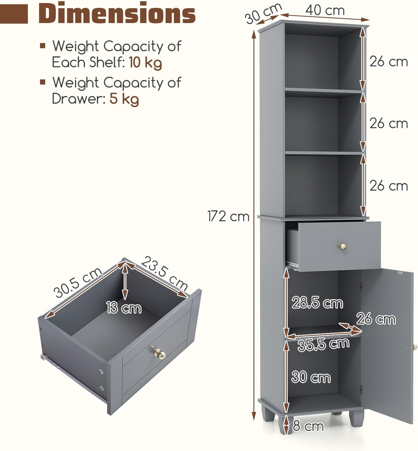 Tall Slim Storage Cabinet Grey Drawer Shelves Door Unit