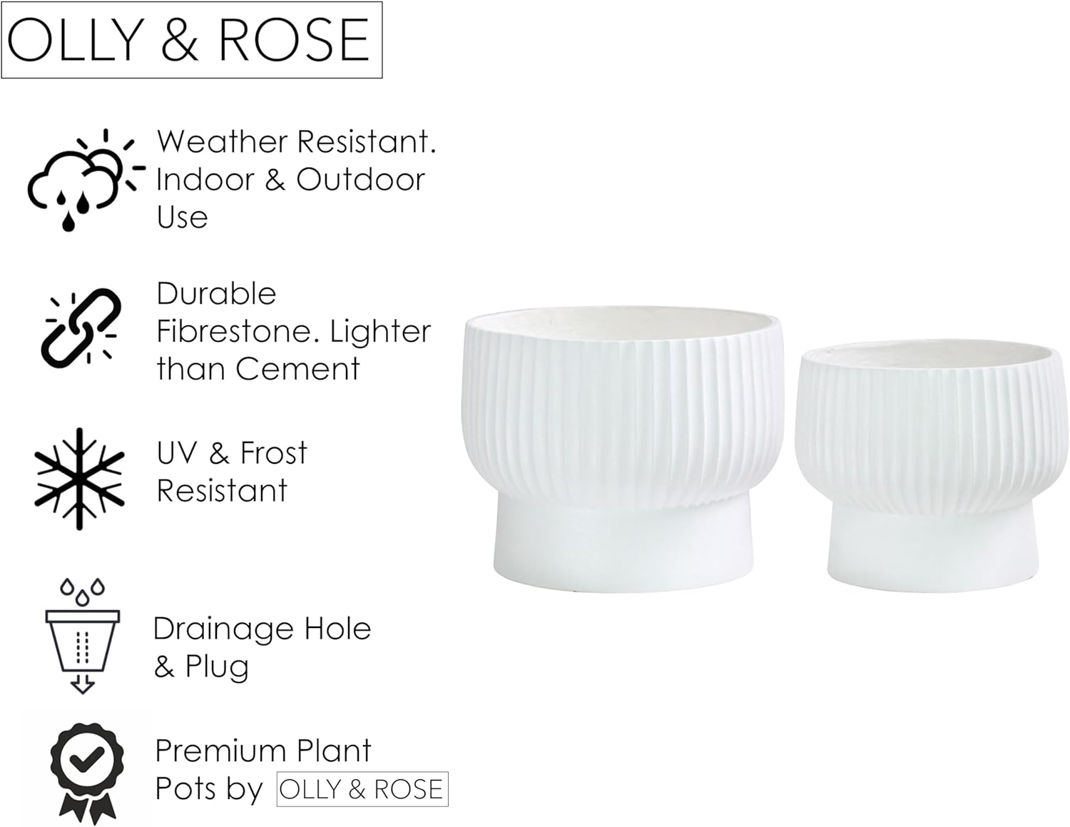 White Raised Planter Bowl Set 2 Fibrestone Pots 35cm 30cm