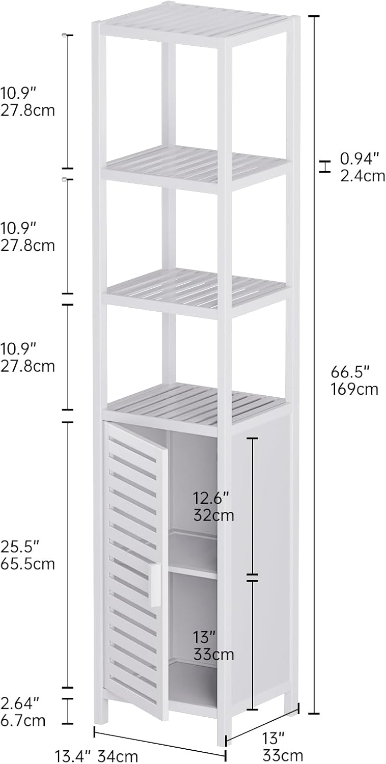 Bamboo Tall Storage Cabinet White Shelf Shutter Door Unit