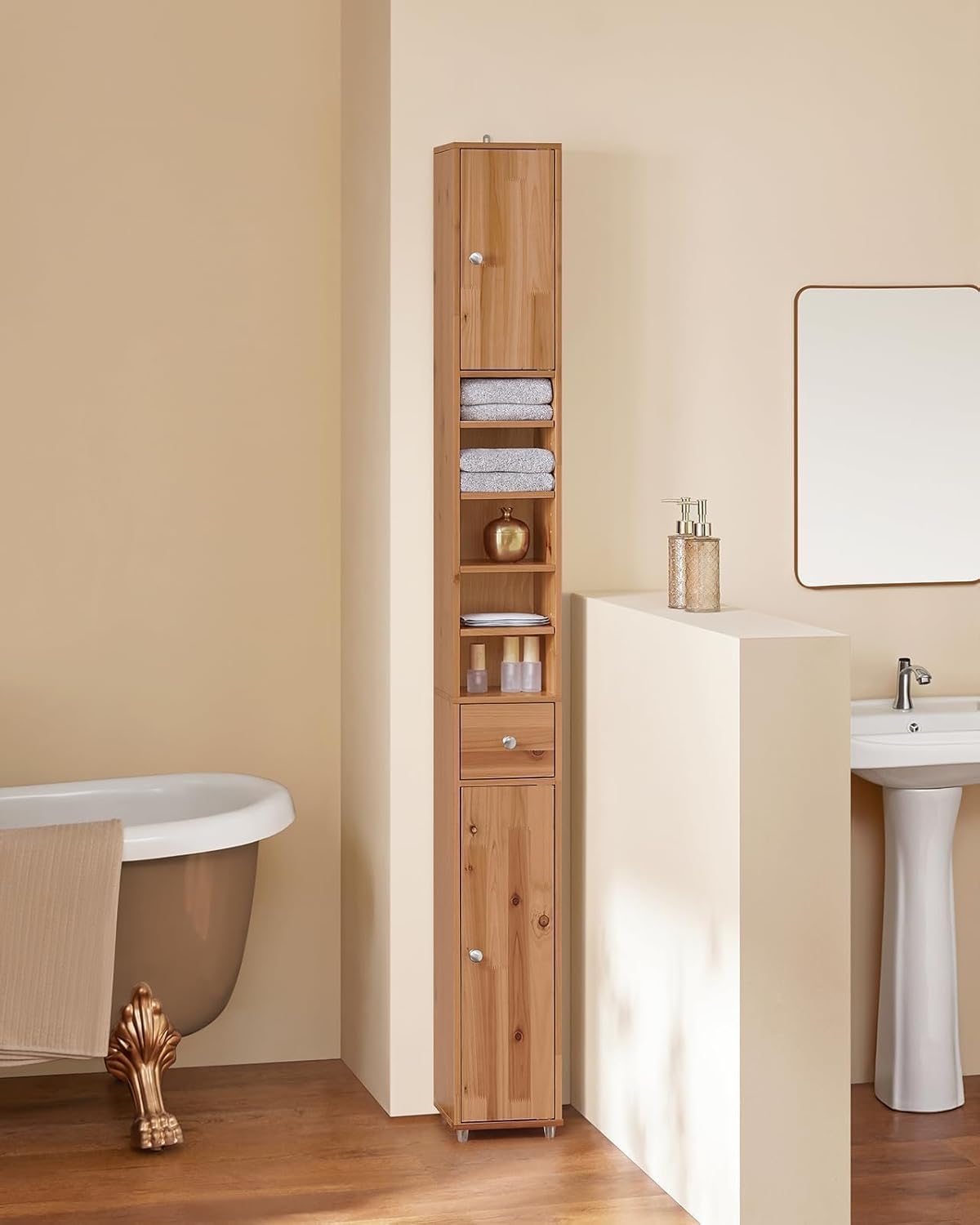 Slim Tall Solid Wood Bathroom Cabinet Drawer 180cm Natural