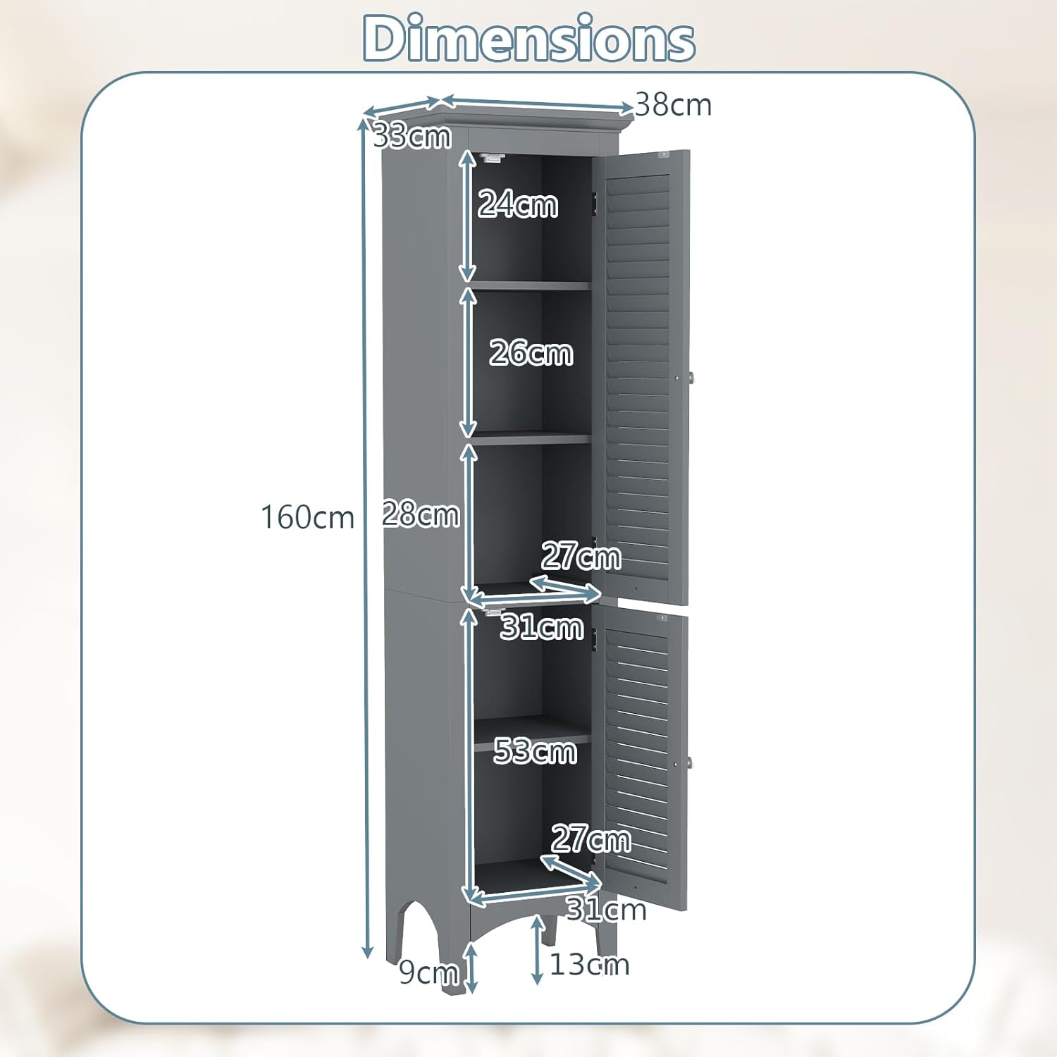Tall Bathroom Storage Cabinet Grey 2 Door Shelf Unit