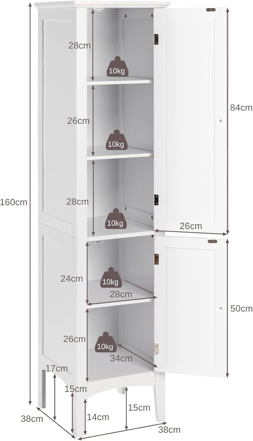 Tall Slim Storage Cabinet White 5 Tier 2 Door Cupboard
