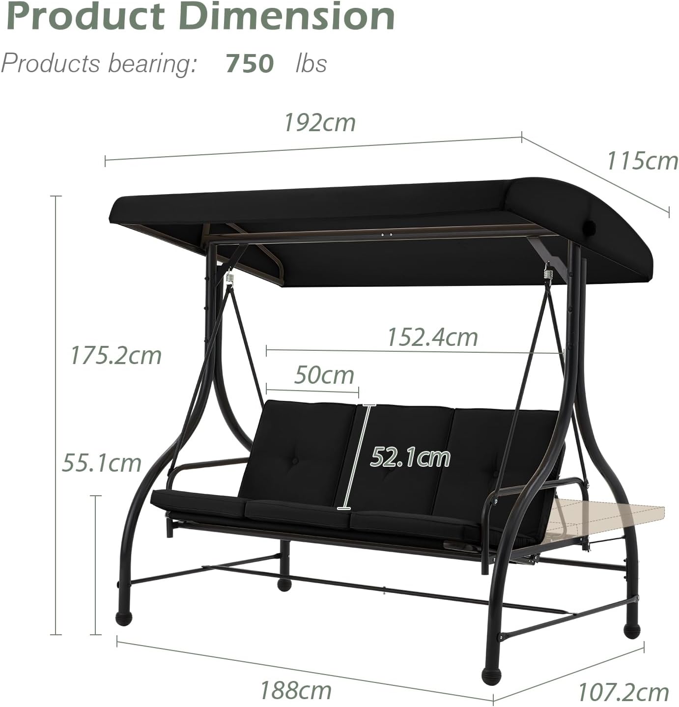 3 Seater Garden Swing Bed Black Canopy Cushion Steel