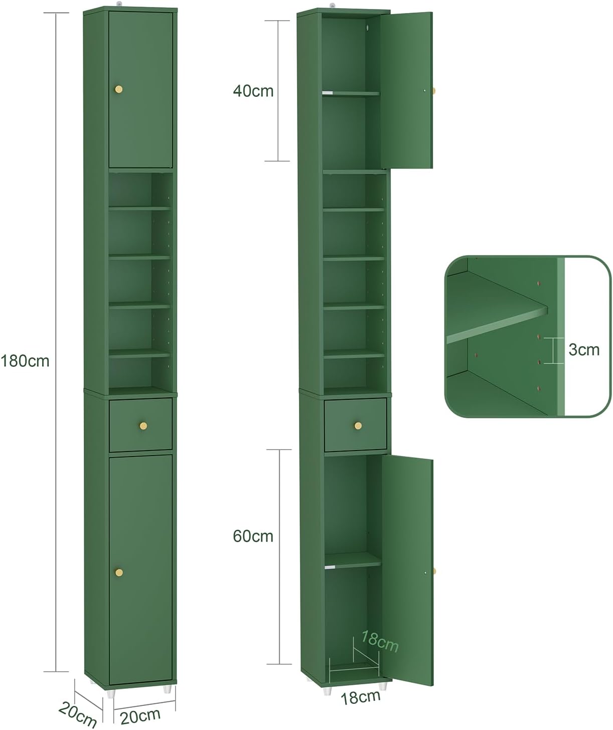 Tall Slim Bathroom Storage Cabinet Drawer Adjustable Shelves Green