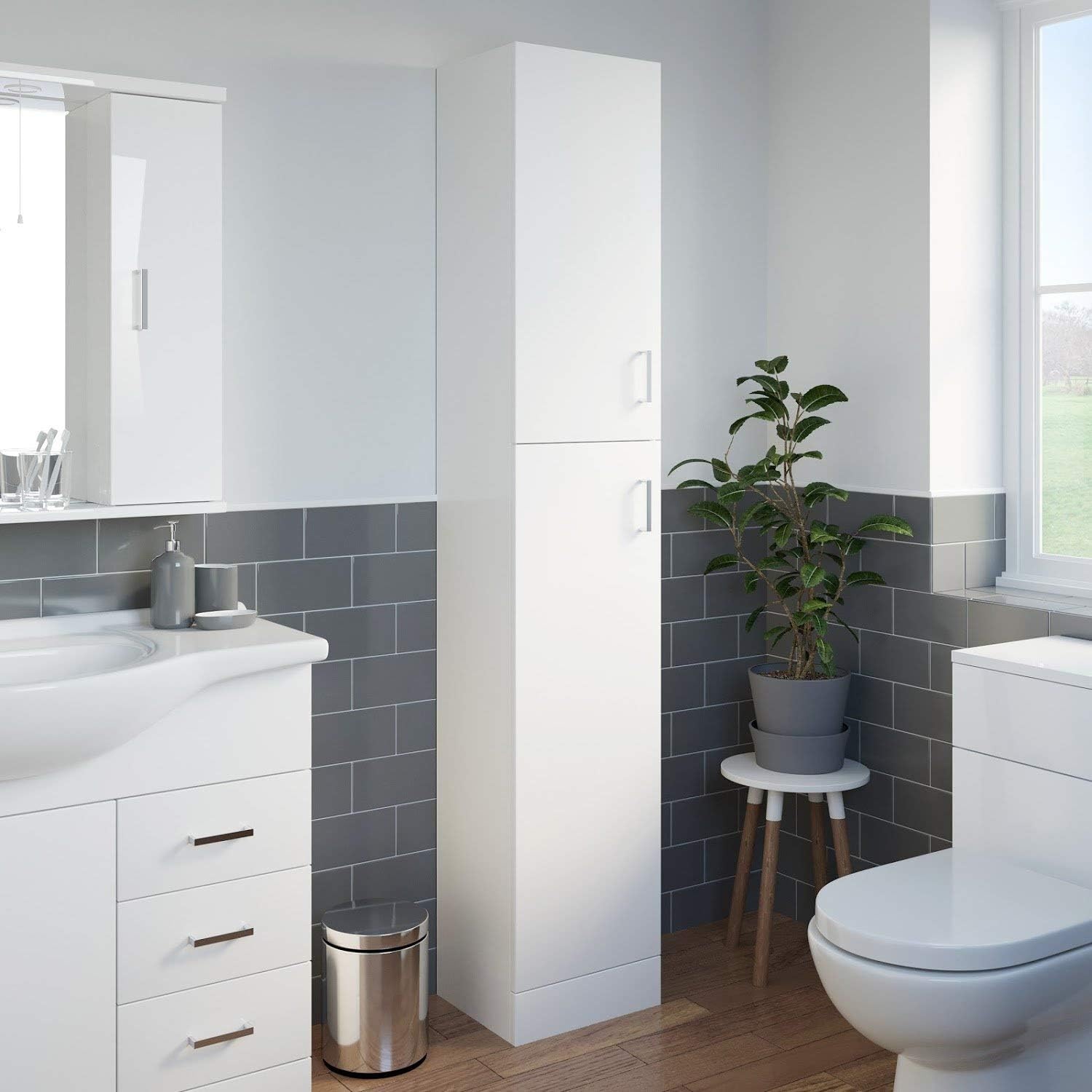 Tall Bathroom Cabinet White Gloss Soft Close Shelf Unit