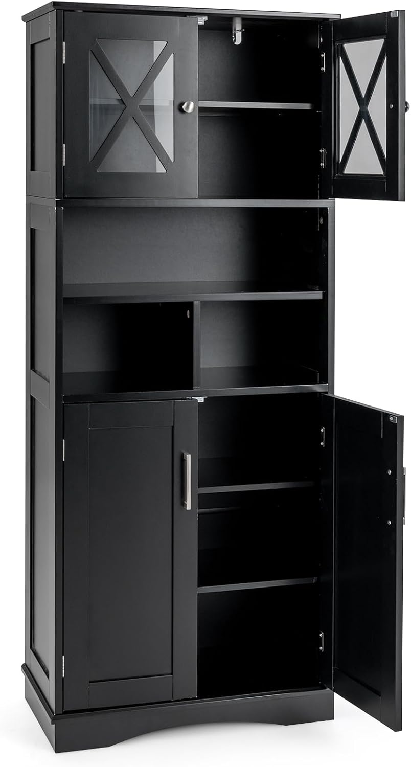 Tall Bathroom Storage Cabinet 4 Door Shelf Unit Black
